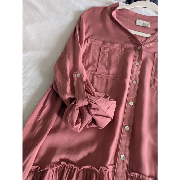 Aura Dress Womens Medium Dusty Rose Pink High Low‎ Tiered Button Down Pockets - Picture 7 of 8